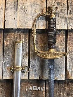 Antique M1860 Civil War Staff Field Officer Sword Engraved Blade Scabbard Belt