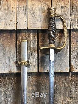 Antique M1860 Civil War Staff Field Officer Sword Engraved Blade Scabbard Belt