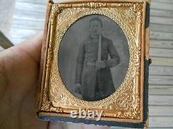 Antique Original CIVIL War Glass Plate Photograph Confederate Soldier & Knife