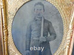 Antique Original CIVIL War Glass Plate Photograph Confederate Soldier & Knife