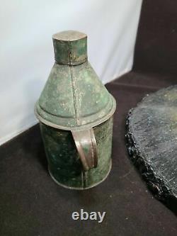 Antique Primitive Tin Flask, Canteen, Oil Dispenser. Beautiful Green Patina