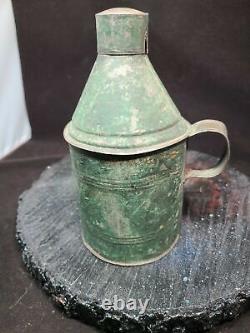 Antique Primitive Tin Flask, Canteen, Oil Dispenser. Beautiful Green Patina