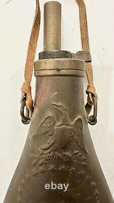 Antique Rare Highly Embossed US American Eagle Brass Powder Flask Made In Italy