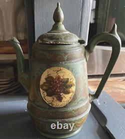 Antique TOLE HAND PAINTED Tin Pewter Civil War Teapot MARKED E. B. Manning 1862