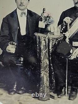 Antique Tintype Photo gentleman uniform sword bottle whiskey hat civil War era