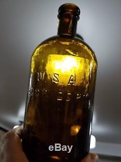 Antique U. S. A. Hospital Department Quart Bottle Olive Amber Near Mint Civil War