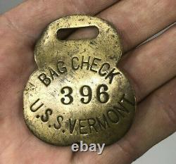 Antique U. S. S VERMONT Ship Bag Check Tag Civil War Brass 1800s Navy Naval Army