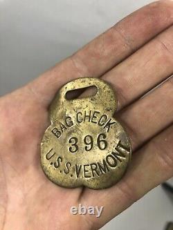 Antique U. S. S VERMONT Ship Bag Check Tag Civil War Brass 1800s Navy Naval Army