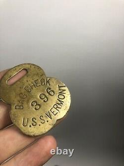 Antique U. S. S VERMONT Ship Bag Check Tag Civil War Brass 1800s Navy Naval Army