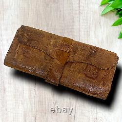 Antique Vintage 1860s Civil War Era Embossed Leather Trifold Wallet Muslin Lined