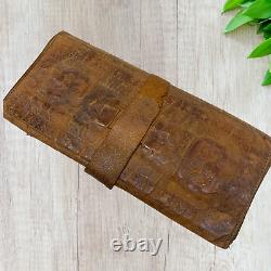 Antique Vintage 1860s Civil War Era Embossed Leather Trifold Wallet Muslin Lined