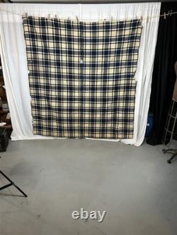 Antique blanket wool center seam 68 x 72 blue plaid Civil War Era original