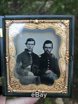 Antique daguerreotype photo Civil War Soldiers- PAIR OF UNION OFFICERS ARMED