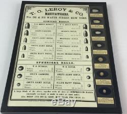 Authentic Civil War Bullets with Leroy & Co Reproduction Bullet Poster in Case