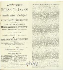 C1865 CIVIL War Great Western Horse Thief Insurance Co. Broadside Vg