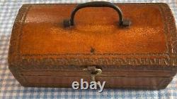 CIVIL War Era-small Hump Back Doc. Casket. Period Paper Tooled Leather Over Wood