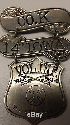 CIVIL War Ladder Badge Id'd Co. K 14th Iowa Vol. Inf. P. Carmean Vintage/antique