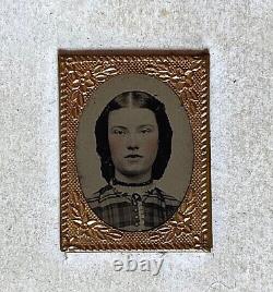 CIVIL War Young Woman Mounted Preserver-mat Gem Size Hand Tinted Tintype Photo