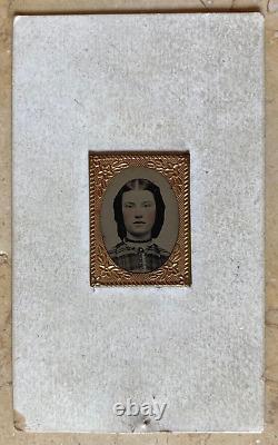 CIVIL War Young Woman Mounted Preserver-mat Gem Size Hand Tinted Tintype Photo