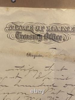 Civil War 1865 Maine Treasury Office Doc Signed Boothby Portland Winship