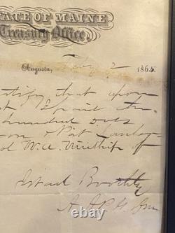 Civil War 1865 Maine Treasury Office Doc Signed Boothby Portland Winship