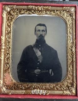 Civil War 1/6 Tintype Of A Federal Soldier Wearing US Belt Buckle