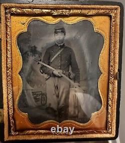 Civil War 1/6 Tintype Photo Of Cavalry Soldier With Sword & Carbine Box