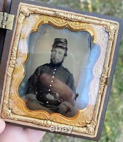 Civil War 1/6th Plate Tintype Image of Soldier with Volcanic Pistol