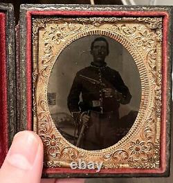 Civil War 1/6th Tintype Photo Image Double Armed Cavalry Soldier With Colt 1860