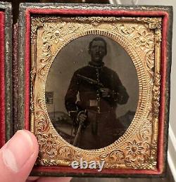 Civil War 1/6th Tintype Photo Image Double Armed Cavalry Soldier With Colt 1860