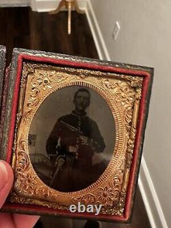Civil War 1/6th Tintype Photo Image Double Armed Cavalry Soldier With Colt 1860