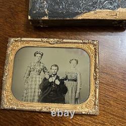 Civil War AMBROtype or DAGUERREOTYPE 1850sish Family In Frame Copper NICE