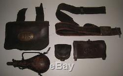 Civil War Belt & Buckle Cartridge Box Cap Box Ammo Box & Black Powder Flask RARE