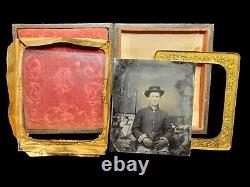 Civil War Calvaryman Soldier US Flag Tents Tintype Photograph 6th Plate Org Case