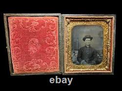 Civil War Calvaryman Soldier US Flag Tents Tintype Photograph 6th Plate Org Case