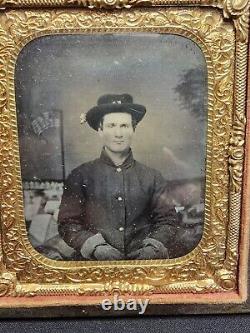 Civil War Calvaryman Soldier US Flag Tents Tintype Photograph 6th Plate Org Case