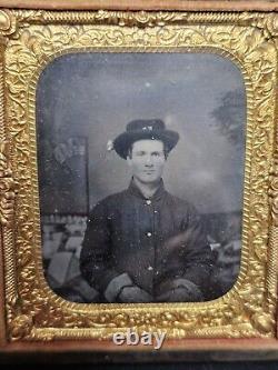 Civil War Calvaryman Soldier US Flag Tents Tintype Photograph 6th Plate Org Case