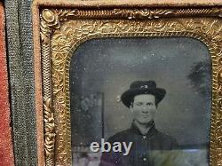 Civil War Calvaryman Soldier US Flag Tents Tintype Photograph 6th Plate Org Case