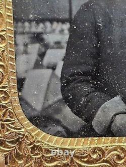 Civil War Calvaryman Soldier US Flag Tents Tintype Photograph 6th Plate Org Case