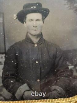 Civil War Calvaryman Soldier US Flag Tents Tintype Photograph 6th Plate Org Case