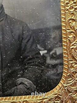 Civil War Calvaryman Soldier US Flag Tents Tintype Photograph 6th Plate Org Case