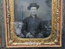 Civil War Calvaryman Soldier US Flag Tents Tintype Photograph 6th Plate Org Case