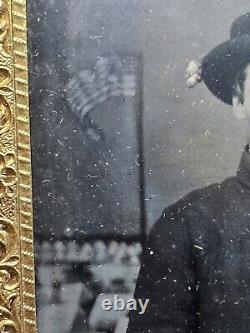 Civil War Calvaryman Soldier US Flag Tents Tintype Photograph 6th Plate Org Case