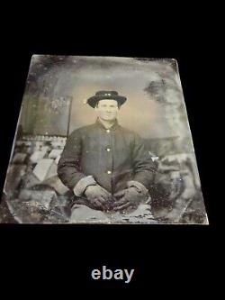 Civil War Calvaryman Soldier US Flag Tents Tintype Photograph 6th Plate Org Case