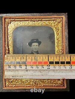 Civil War Calvaryman Soldier US Flag Tents Tintype Photograph 6th Plate Org Case