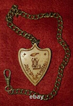 Civil War Carved Watch Fob & Chain Masonic Symbols & U. S. Flags