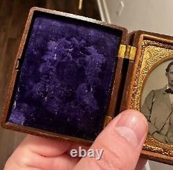 Civil War Era 1/9th Plate Ruby Ambrotype In Beautiful Gutta Percha Case