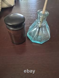 Civil War Era Gutta Percha Traveling Ink Well/ Quill Pen And Glass Desk Ink Well