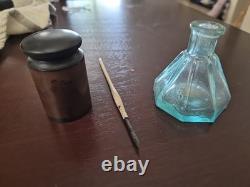 Civil War Era Gutta Percha Traveling Ink Well/ Quill Pen And Glass Desk Ink Well