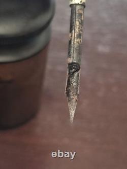 Civil War Era Gutta Percha Traveling Ink Well/ Quill Pen And Glass Desk Ink Well